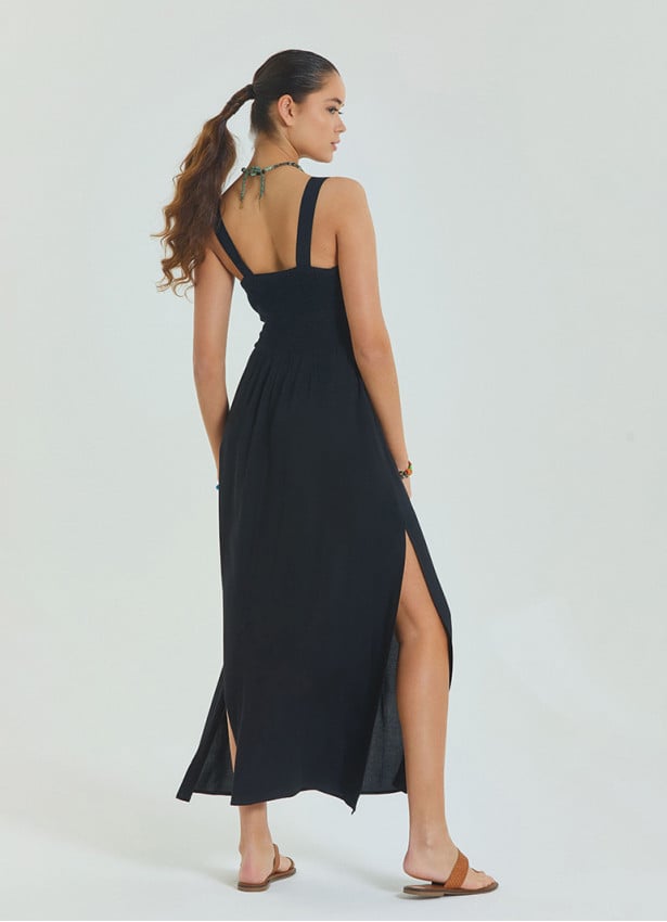 V Neck Double Breasted Black Long Dress 4560